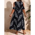 thumbnail image 3 of OYOANGLE Women's Plus Size Tropical Leaf Print Cold Shoulder V Neck Smocked High Slit Midi Dress Multicolor 1XL, 3 of 5