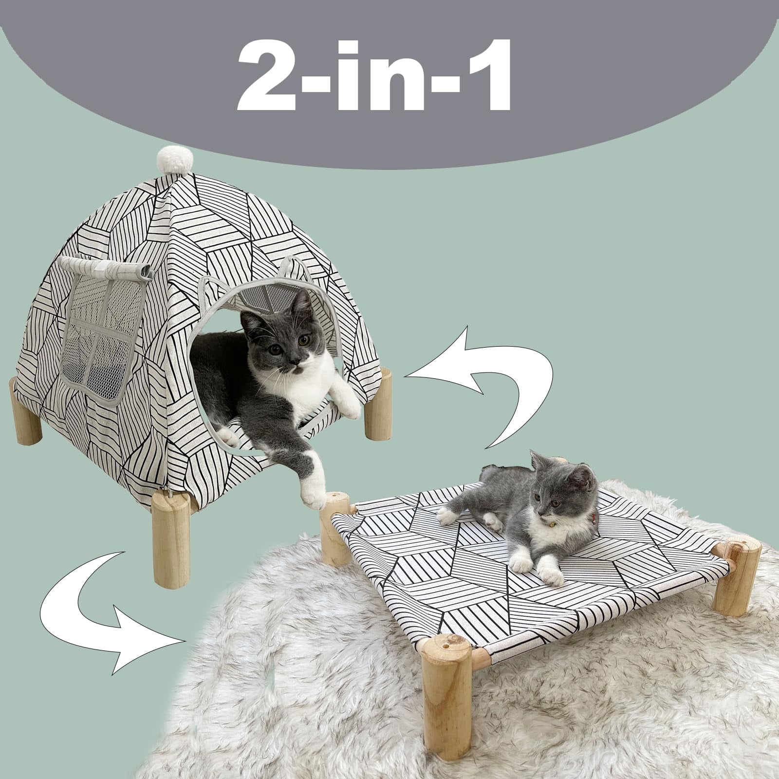 Nockovi 2-in-1 Wooden Pet Tent and Hammock, Quick Assembly Portable for Cats Small Pets Indoor Outdoor, White Diamond Pattern