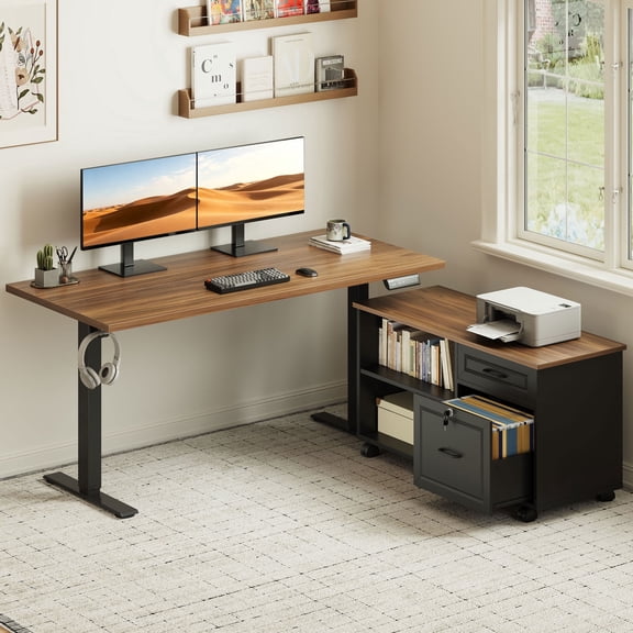 Casacomoda L-Shaped Standing Desk with Storage Cabinet and Drawers, Reversible Sit Stand Computer Desk for Home Office, Adjustable Height Desk, 48 Inch, Walnut & Black