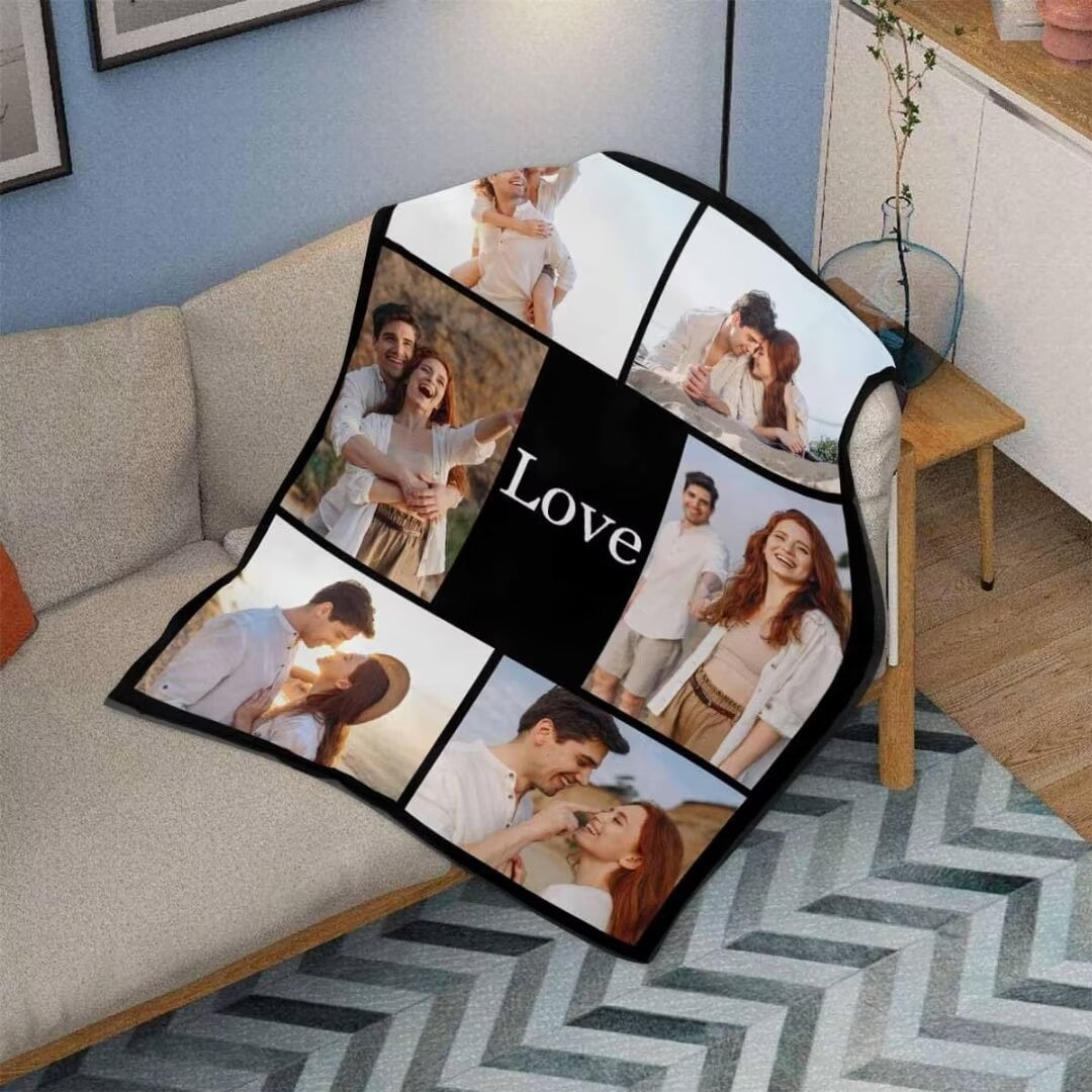 AISENIN Custom Blanket with Text Picture Collage Customized Throw Blankets, Birthday Gifts Personalized for Dad, Mom, Kids, Dogs, Friends 7 Photos