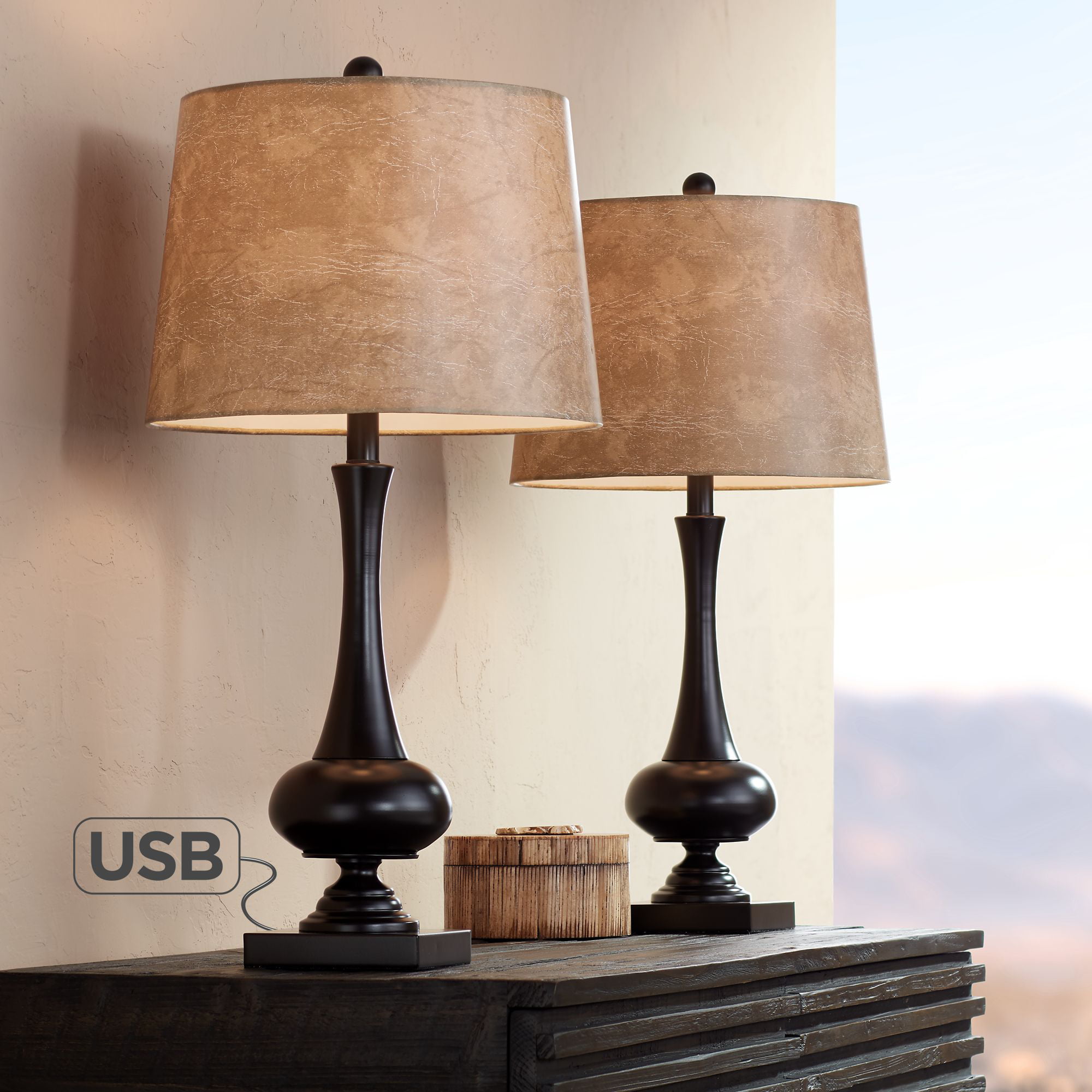 Franklin Iron Works Modern Rustic Table Lamps Set of 2 with USB Charging  Port Bronze Faux Leather Drum Shade Living Room Bedroom - Walmart.com