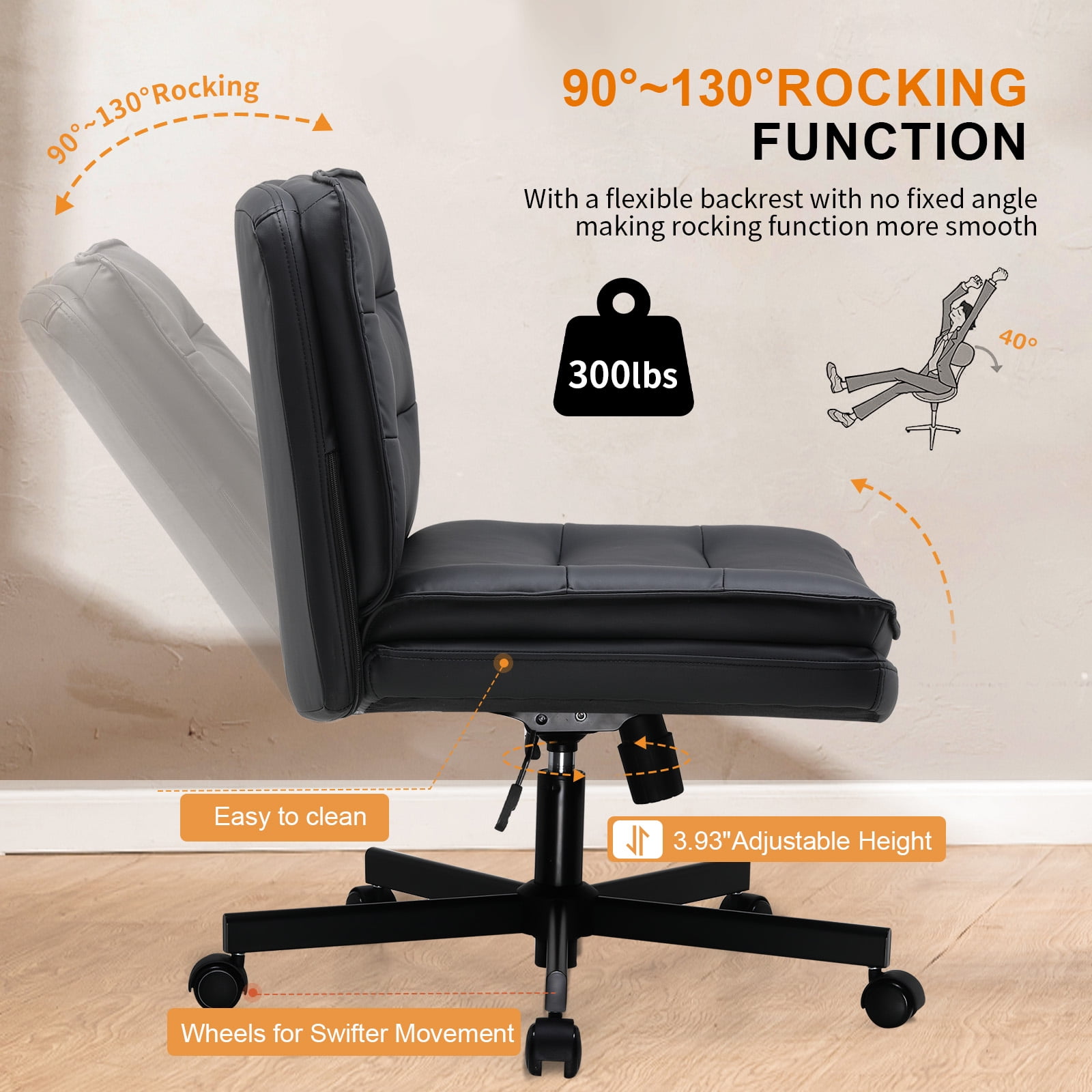 COMHOMA Armless Office Desk Chair with Wheels, PU Leather Padded Cross Legged Office Chair, Modern Swivel Vanity Chair Height Adjustable Wide Seat Computer Task Chair, Balck