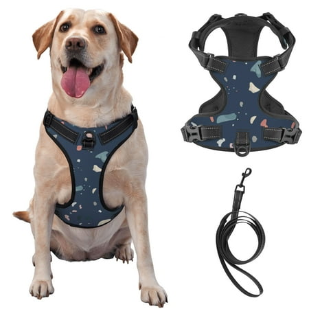 TEQUAN Large Dog Harness with Leash Blue Terrazzo Abstract Prints Reflective No Pull Adjustable Pet Vest (L)