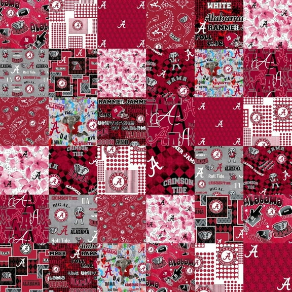 Official Licensed University of Alabama Cheater Quilt Printed Cotton Fabric-Alabama Crimson Tide Cotton Fabric with Patchwork Cheater Quilt Print-60” Width