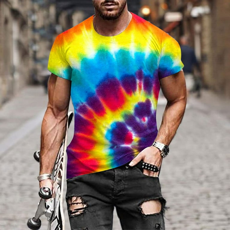 VSSSJ Tie Dye Shirts for Men Big and Tall Short Sleeve Rainbow Print Casual  Round Neck Tops Daily Athletic Stretch Reversible Shirts Multicolor