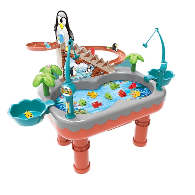 Orange Kids Magnetic Fishing Toy Pool Set Penguin Slide Game Orange Design With Interactive Music Educational For Hand Eye Coordination Skill Development