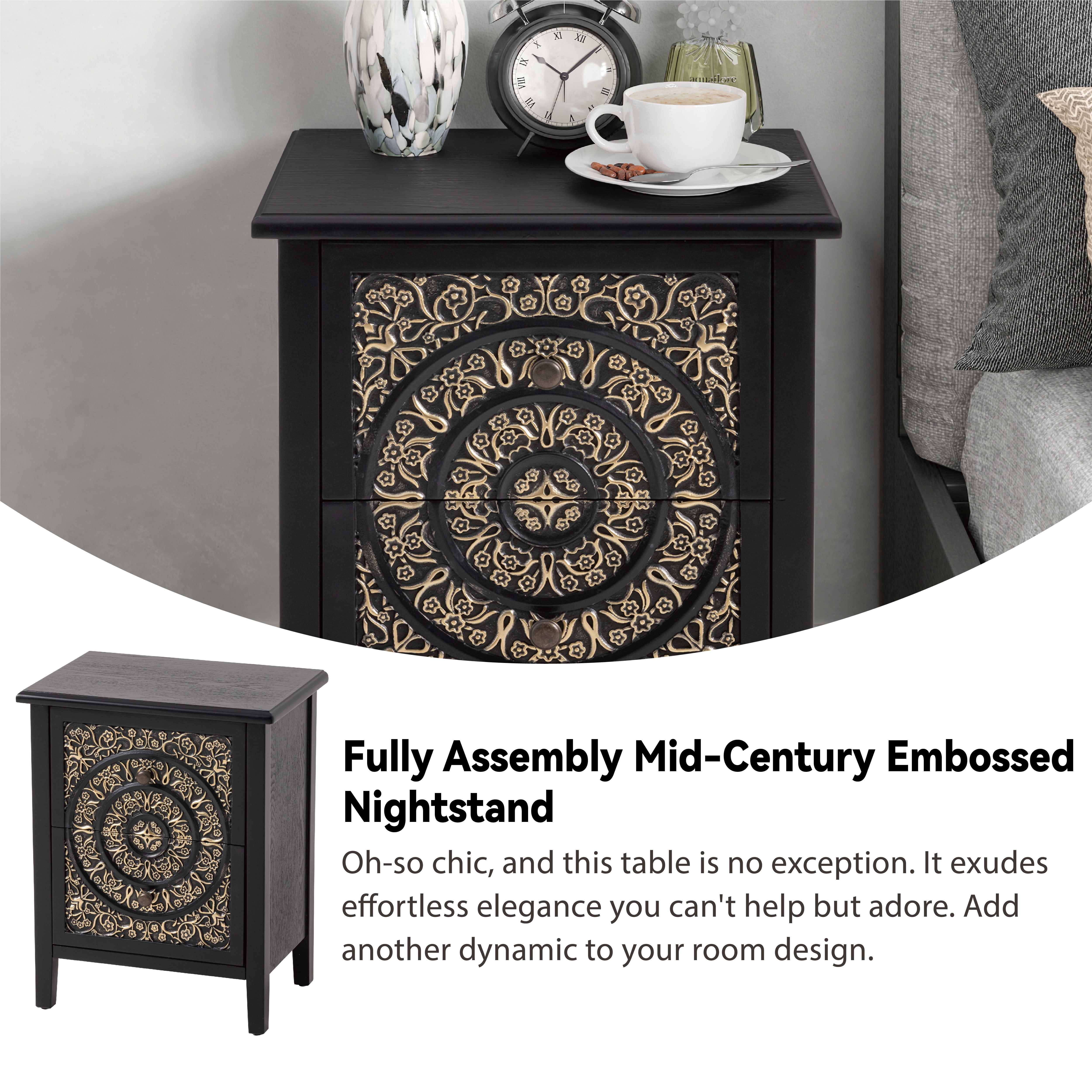 COZAYH 2-Drawer Fully-Assembled Flower Motif Nightstand for Small Spaces, French Country, Modern, Distressed Finish, Gold & Black