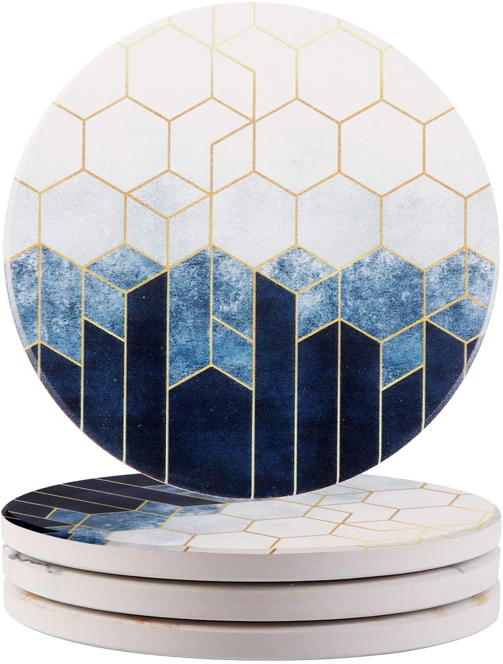 Round Absorbent Coasters Set of 4 Ailsan Coasters for Drinks Navy Blue Diamond Geometry Marble Style Ceramic Stone Coasters with Cork Base 4 inches Housewarming Gift for Home and Kitchen
