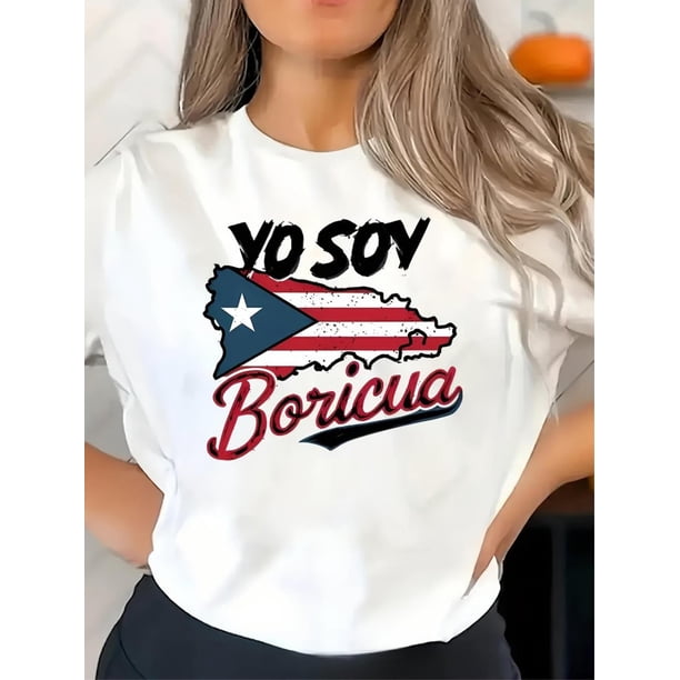 men clothes Women's Patriotic Puerto Rico Flag T-Shirt, Casual Crew Neck Short Sleeve, Lightweight Summer Top, Machine Washable, White with Bold "Puerto Rico" Graphic Design men t shirts men Spring/A