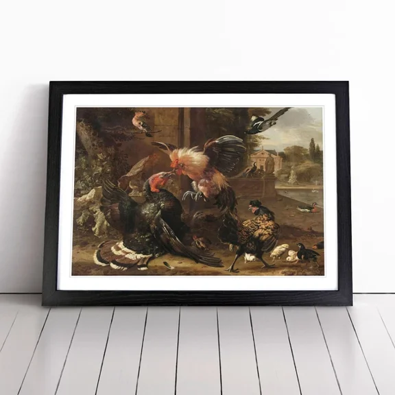 Kna Prints - 1 Pc Poster Rooster And Turkey Fighting By Melchior D'Hondecoeter Wall Framed, UNFRAMED-8x12