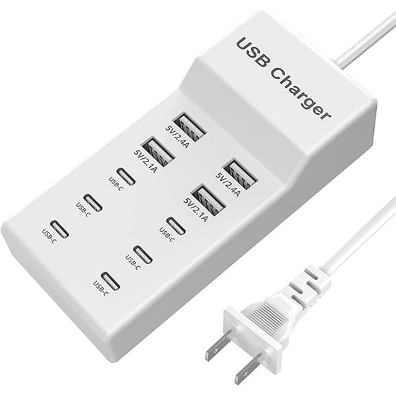 FU2076USB C Charger,10 Ports USB Charger Station with 6 Ports USB-C Charging Hub, Desktop 50W Multi Port Charging Compatible with iPhone 12/13/14/15/16/Samsung S22/S23/S24/Tablet/Watch/Headphones