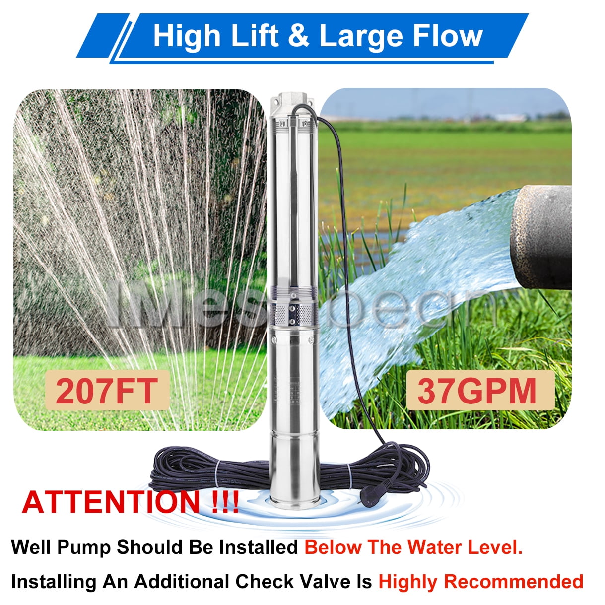 iMeshbean Deep Submersible Well Pump 1 HP Submersible Well Pump 110V Water Pump 37GPM 207ft Head with 100ft Electric Cable Stainless Steel Water Well Pumps Submersible w/ Bonus Outlet