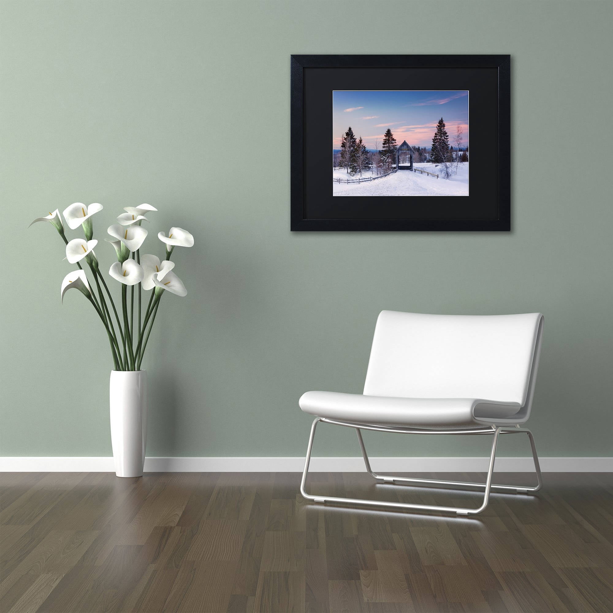 Trademark Fine Art "Snow at the Bridge" Canvas Art by Michael Blanchette Photography Black Matte, Black Frame