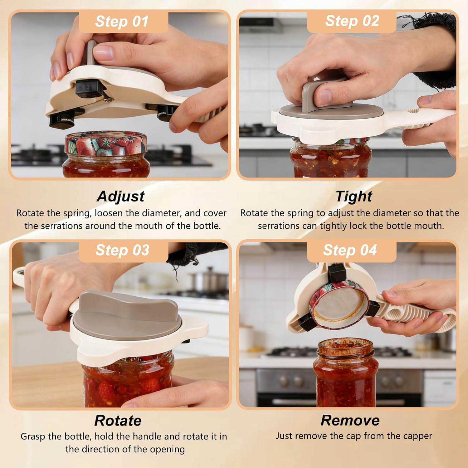 Upgraded 4-in-1 Multi-Functional Jar & Bottle Opener (1-3.5inches), Magnetic Stainless Steel Can Opener with Retractable Adjustable Grip, Extended Ergonomic Handle for Easy Opening