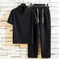 thumbnail image 2 of JIKNTTR Men's 2 Piece Summer Outfits Fashion Solid Color Casual V Neck Short Sleeved Shirts Drawstring Elastic Waist Trousers Pants Suit Simple Versatile Pant Set, 2 of 4