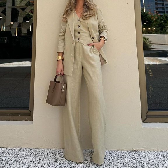 Solid Blazer Waistcoat Wide-leg Pants Set (S, Beige)