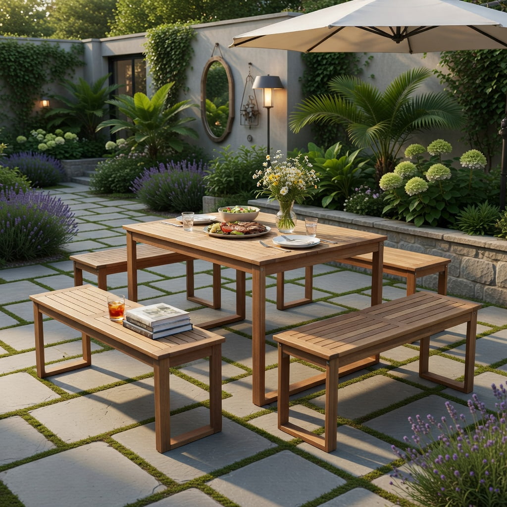 Hommoo Acacia Wood Outdoor Garden Bench, Slatted Seat Patio Bench for Porch, Balcony & Backyard, Natural