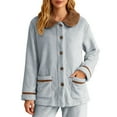 thumbnail image 4 of DHFJKG Womens Flannel Pajamas Button Up Top Coat With Peter Pan Collar Long Sleeve Fuzzy Sleepwear With Pockets For Cold Weather Cozy Homewear, 4 of 9