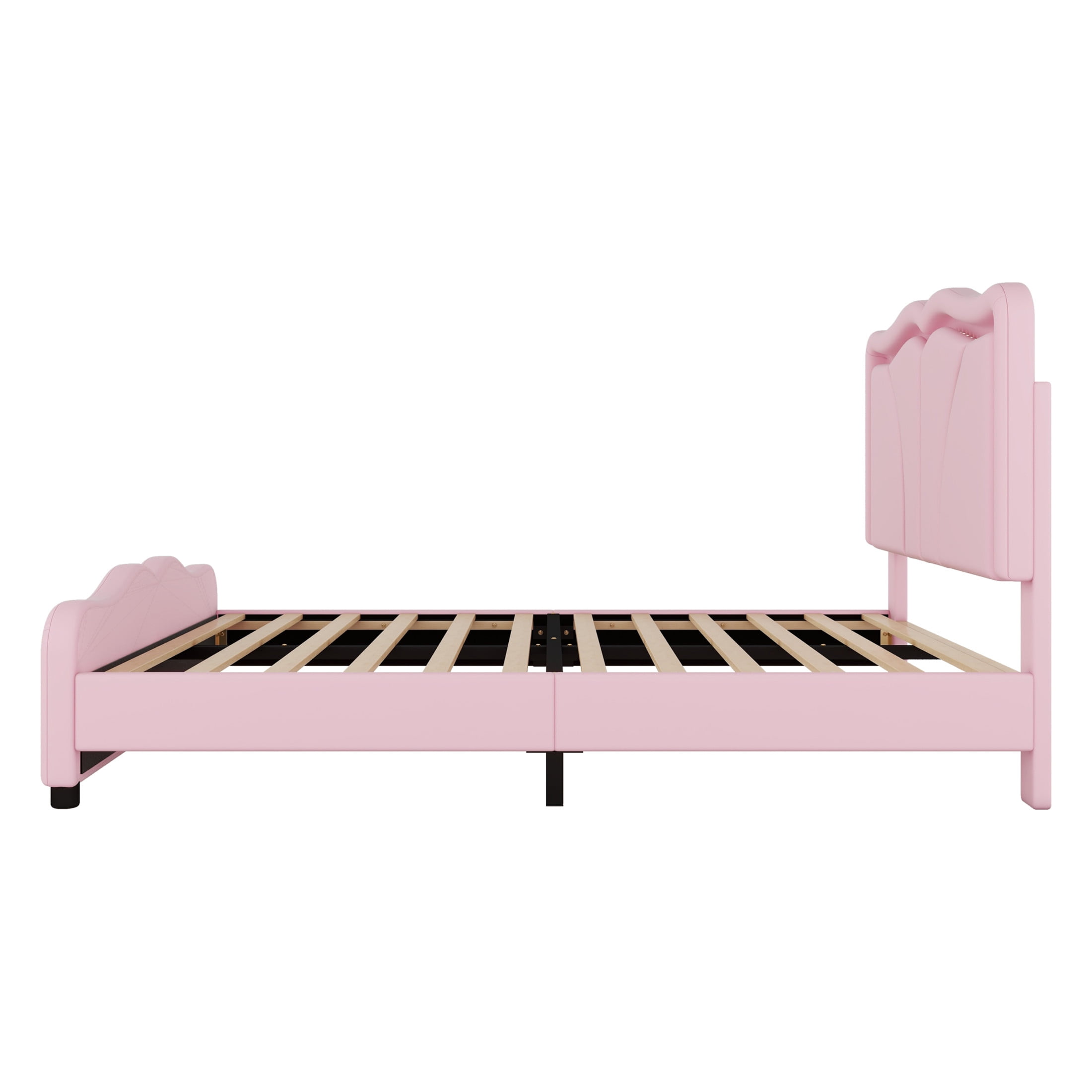 Noble House Sheila Full Upholstered Platform Bed, Curve Shaped Height-Adjustable LED Headboard, PU Leather, Pink