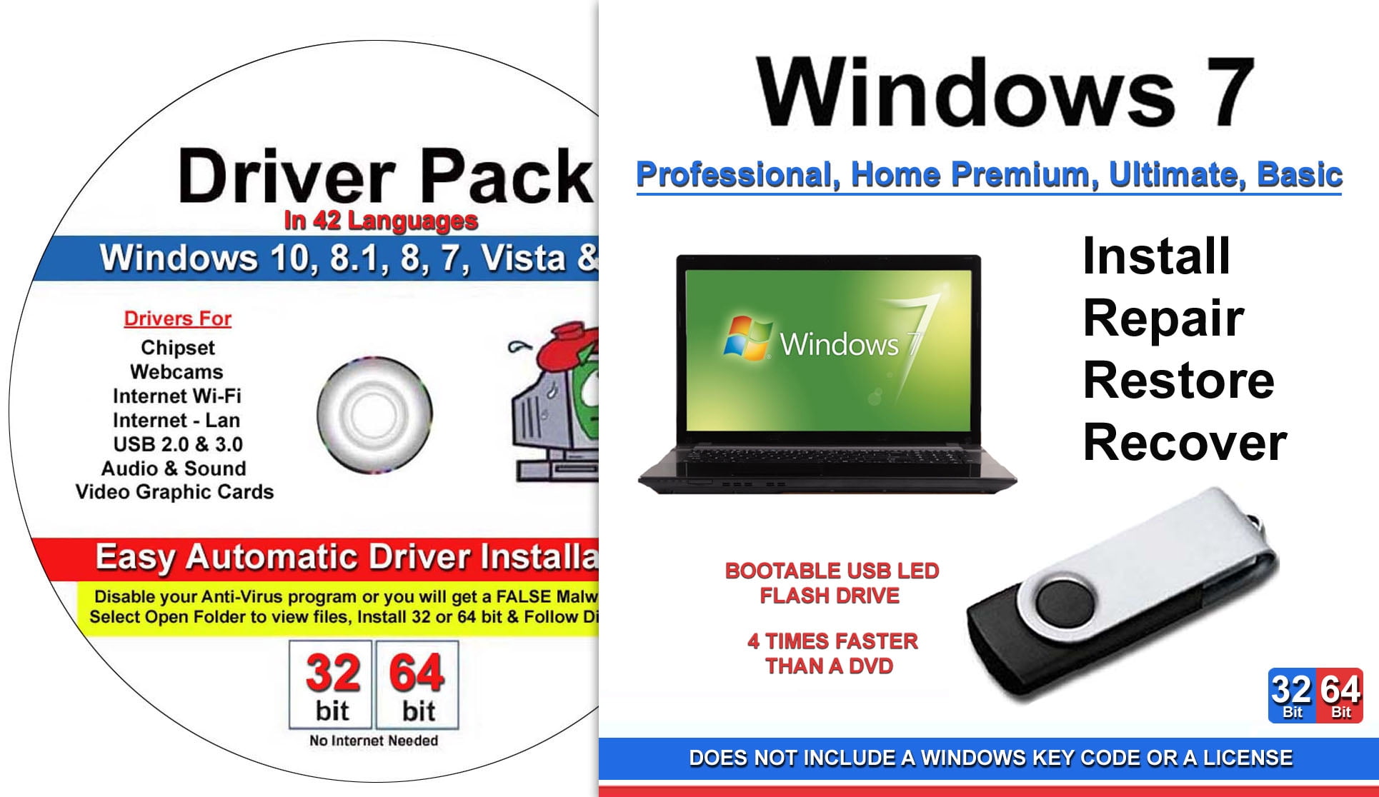 Windows 7 All Versions 32/64 Bit Install Recover Restore USB Flash Drive For Legacy Bios Plus Drivers - Walmart.com