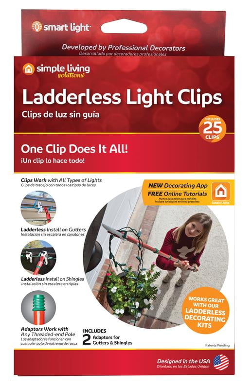 Simple Living Solution's Ladderless Light Clips (White) with Gutter and  Shingle Adaptors (Red) - 25 Ct. - Compatible with Incandescent and LED,  Mini, Icicle, and C7 Light Bulbs 