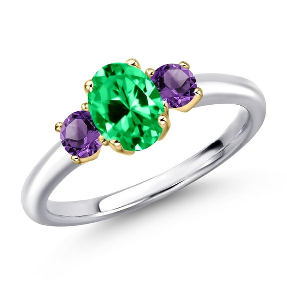 Gem Stone King 925 Silver and 10K Yellow Gold Green Zirconia and Purple Amethyst Engagement Ring for Women | 1.08 Cttw | Oval 7X5MM | Gemstone Birthstone | Size 7