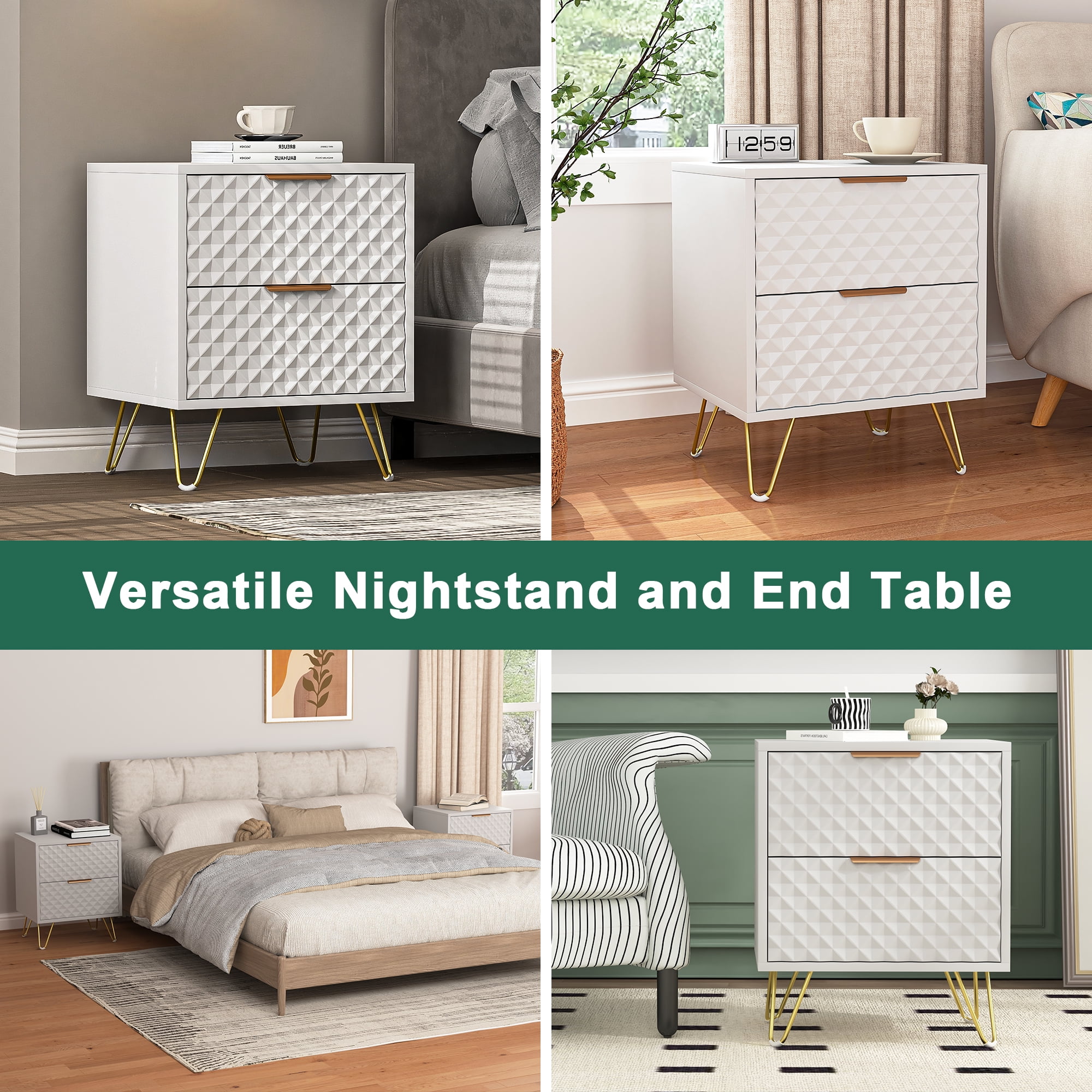 Finihen Carved Nightstand Single, Luxury Carving Board 2-Drawer Night Stand Bed Side Table with Metal Legs, for Bedroom Living Room, White Finihen Carved Nightstand Single, Luxury Carving Board 2-Drawer Night Stand Bed Side Table with Metal Legs, for Bedroom Living Room, White
