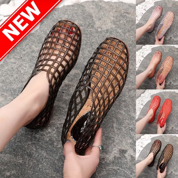 Taqqpue Women's Beach Jelly Shoes Slip On Crystal Summer Soft Hollow Ballet Flats Boho Sandals for Women