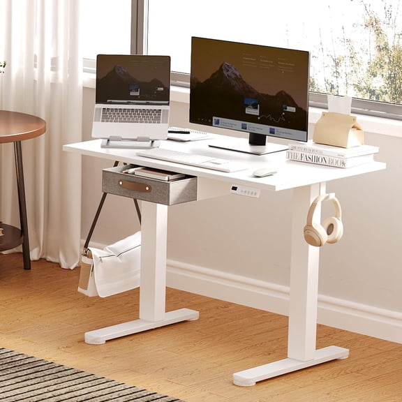 Standing Desk with Drawer, 40" x 24" Height Adjustable Stand Up Desk, 3 Memory Height Settings with Cable Grommets & Storage Hooks, Ideal for Home & Office, White