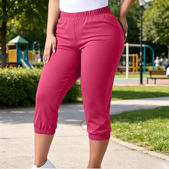 Cagogo Women Plus Size Capri Pants Elastic Waist Casual Solid Cropped Trousers with Pockets Lounge Beach Vacation Work Clothes, Pink 5XL