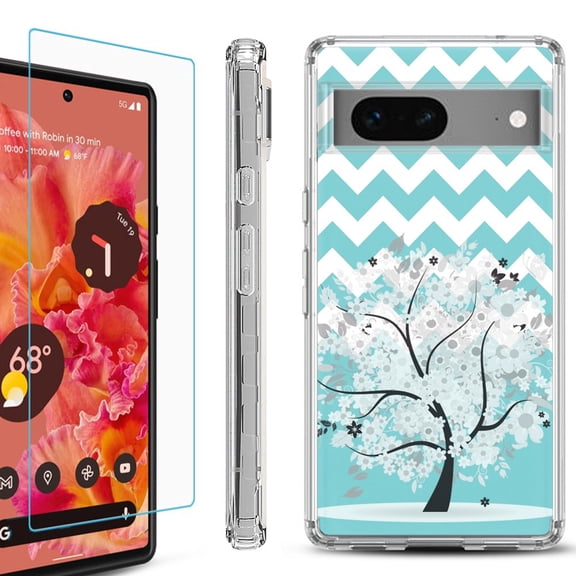 OneToughShield ® for Google Pixel 7a Shockproof Bumper Phone Case, with Tempered Glass Screen Protector - Chevron/Tree