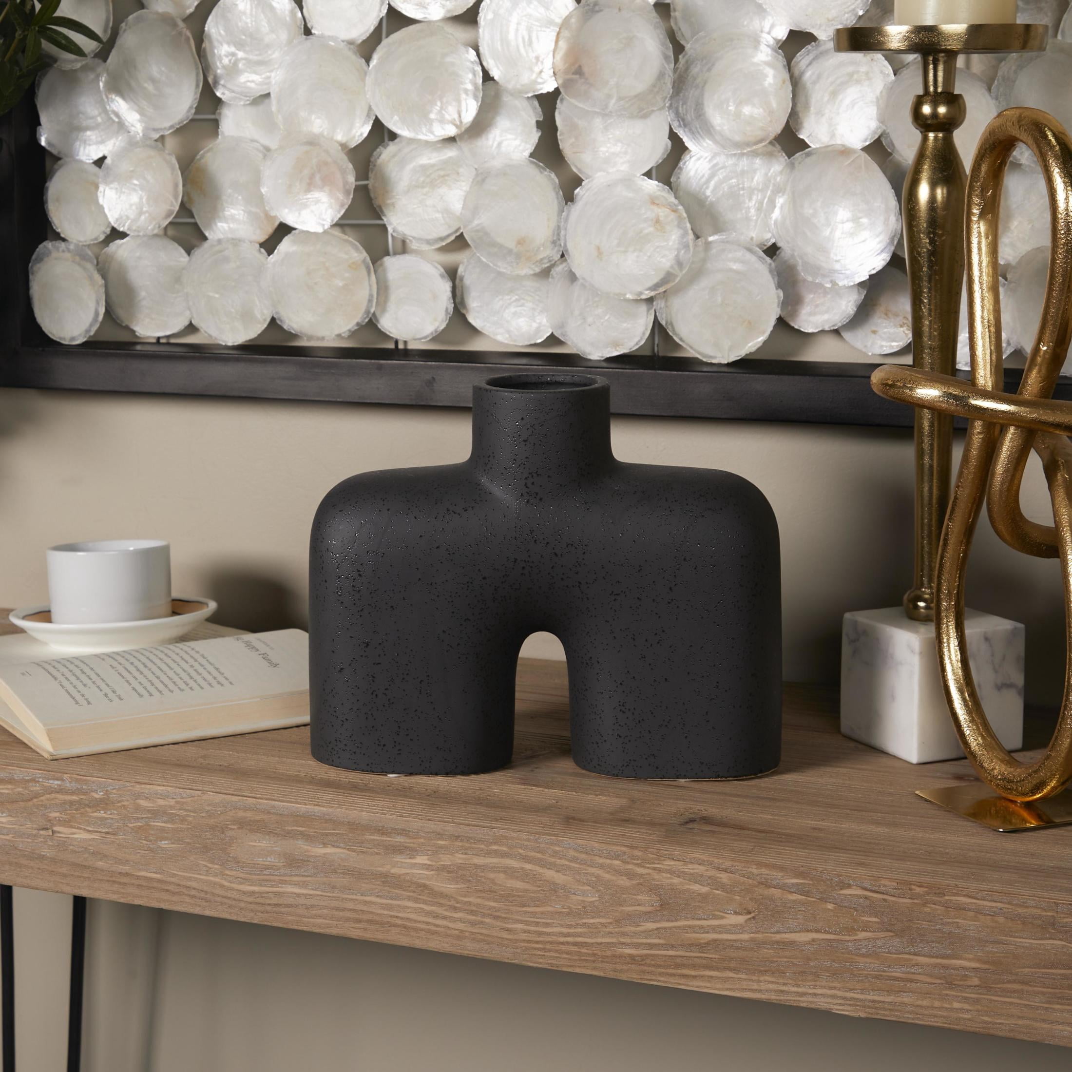 DecMode 9" Abstract Short Rounded Arched Black Ceramic Vase with Glossy Speckled Texture