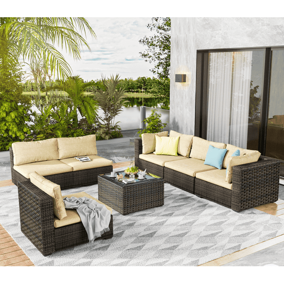 TANGJEAMER 7 Pieces Patio Outdoor Furniture Sets All Weather Wicker Sectional Sofa Couch Lawn Sectional Furniture with Washable Couch Cushions and Black-Glass Table, Beige
