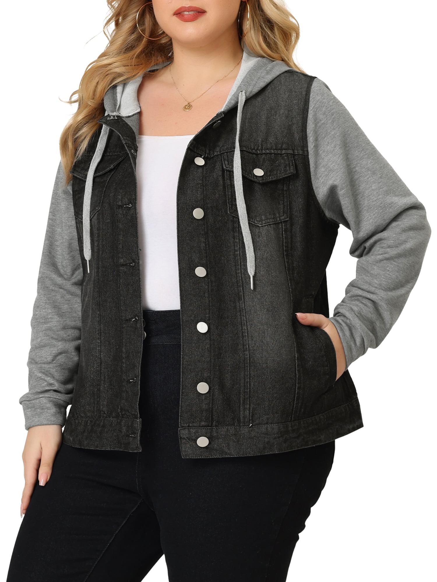 Women's Plus Size Jean Jacket Drawstring Hood Denim Jacket - Walmart.com