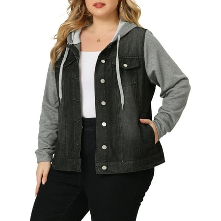 MODA NOVA Juniors Plus Size Layered Drawstring Hood Denim Jacket Black 1X