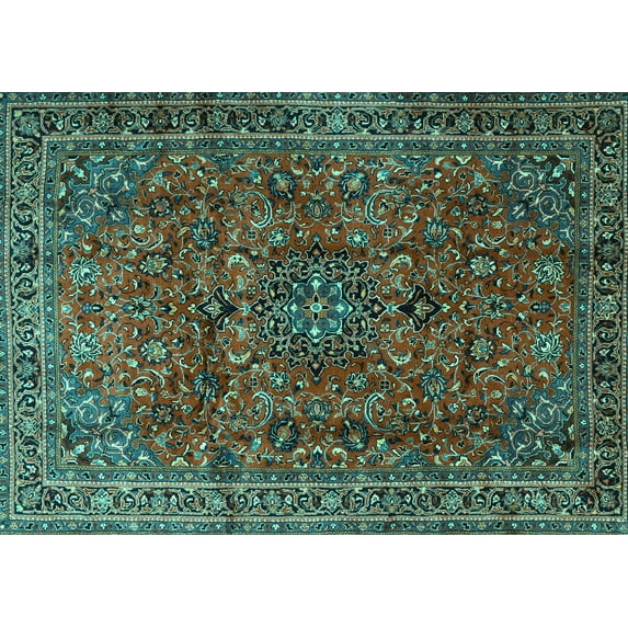 Ahgly Company Machine Washable Indoor Rectangle Medallion Turquoise Blue Traditional Area Rugs, 7' x 9'