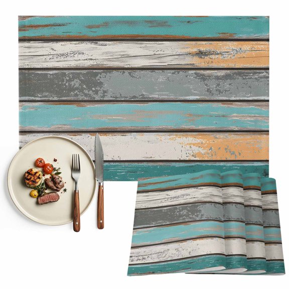 Farmhouse Teal Orange Placemats Set of 4, Country Vintage Wooden Washable Wipeable Table Mats for Dining Tables, Indoor Outdoor Kitchen Place Mats for Holiday Party Table Decor