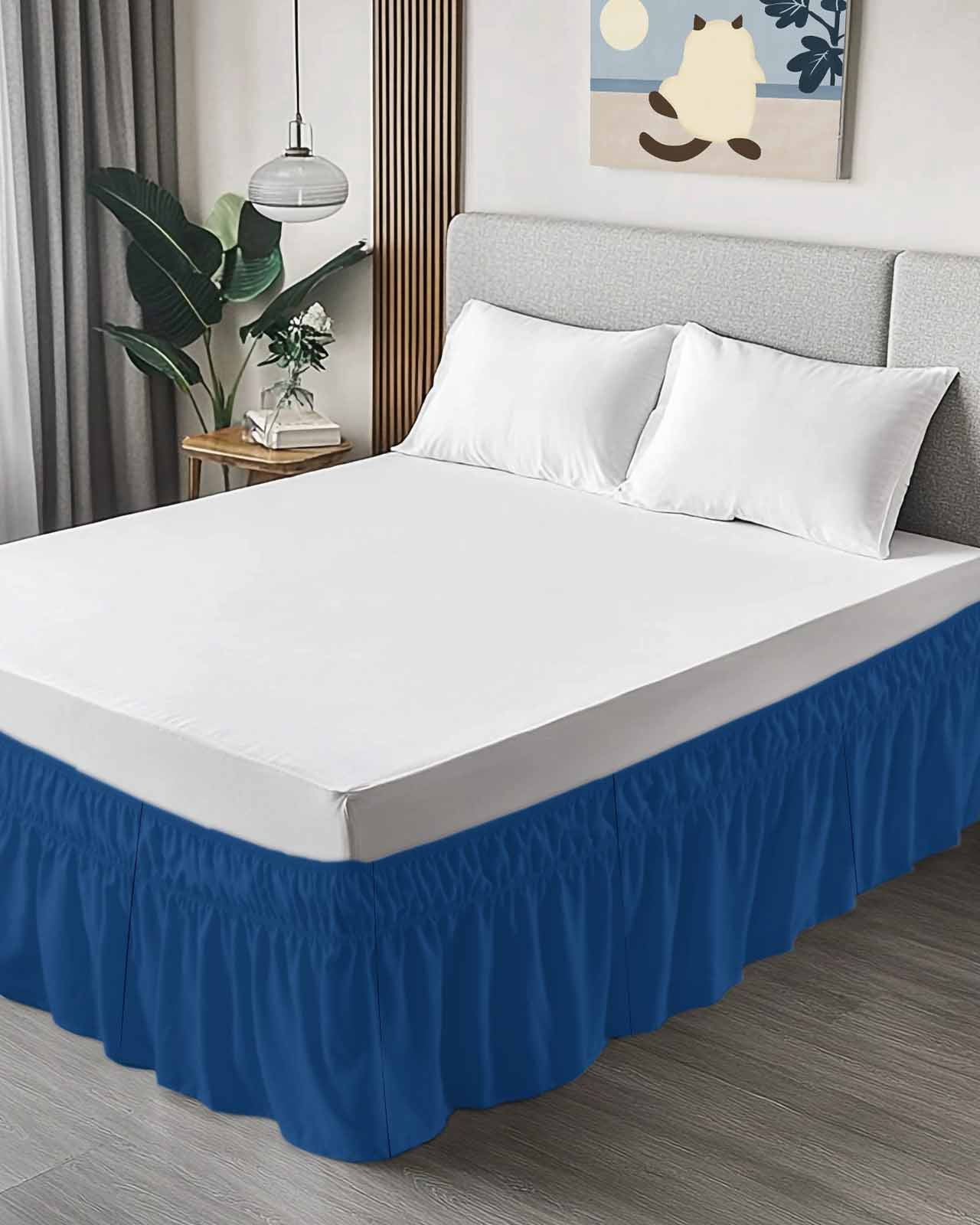 Pure Navy Blue Wrap Around Bed Skirts for Queen Bed 16" Drop, Bed Skirt with Adjustable Elastic Belt Dust Ruffle Bed Valance for Bedroom Hotel Luxury Simple Solid Color Bed Frame Cover