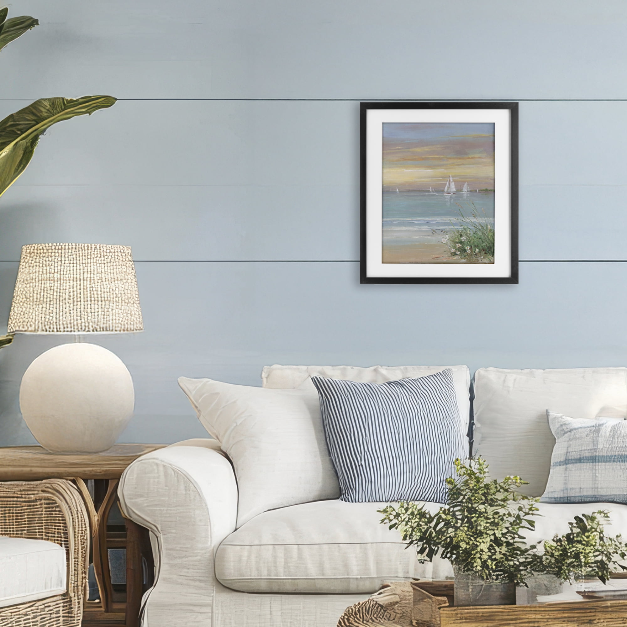 Stupell Industries Sailboats Beyond Sandy Shore Black Framed Print Under Glass, design by Sally Swatland