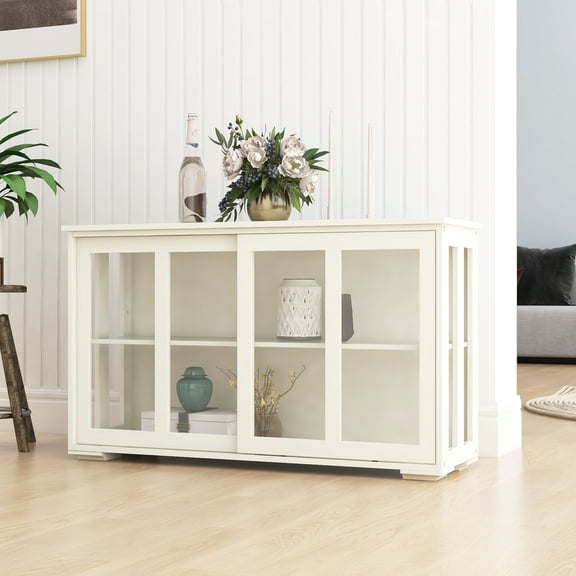 Kitchen Storage Cabinet - White With Glass Door. Crafted For Durability. 2 Sliding Doors And Adjustable Shelf Practical Needs. Painted. Non-slip Feet Added Stability Stand Cupboard Structure Lasting