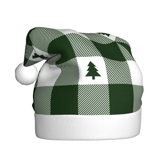 Fuzoiu Green White Lumberjack Plaid Print Santa Hat Christmas Hat for Adults,Santa Hats with Pompom, Unisex Xmas Holiday Hat for Christmas New Year Festive Party Supplies