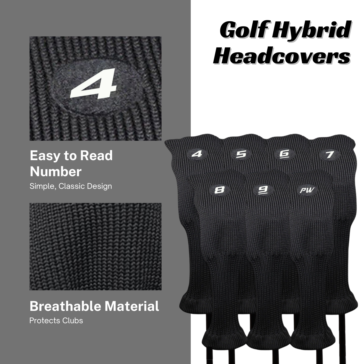 Majek All Hybrid Head Cover Golf Club Black Sleek Tight Fit Headcover Set 4-PW Acrylic Head Covers 4 5 6 7 8 9 PW Easy to See Large White Embroidered Numbers