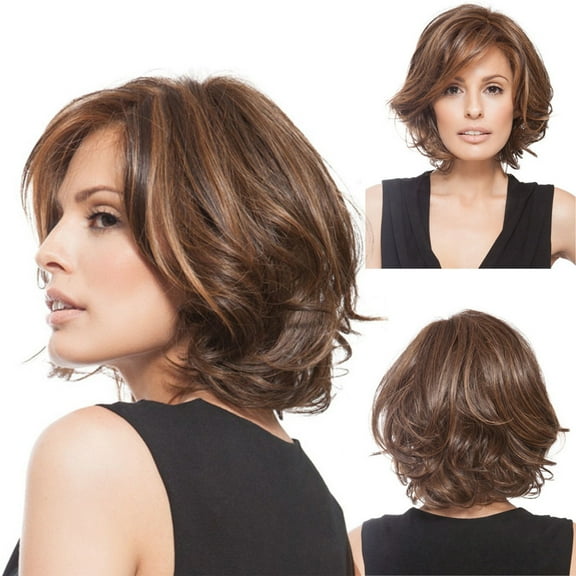 HHBEAUTY Short Wavy Wig with Bangs for Women Shoulder Length Bob Curly Women's Charming Synthetic Wigs with Natural Wavy Brown Heat Resistant Hair for Daily Party Use