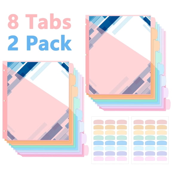 sixwipe 2 Pack 8 Tabs Dividers with One Pockets, 8 Tabs File Notebook Dividers for 3 Ring Binders, Plastic Binder Dividers with Labels for School Supplies and Office Workers