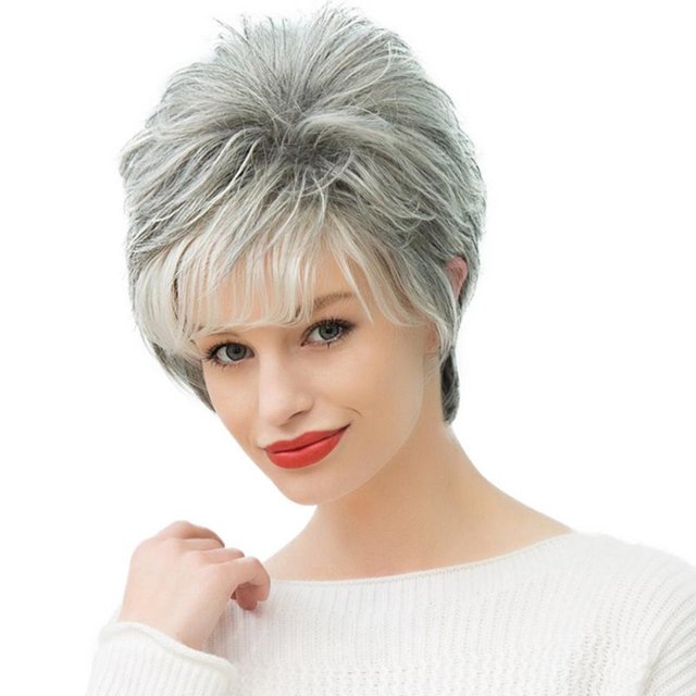 Peluca corta natural del cabellero corte del duendecillo s mujeres Pelucas llenas cabeza Ombre gris shamjiam Pelucas de cabello humano