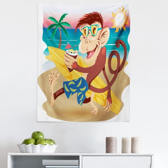 Monkey Tapestry, Hipster Monkey with Surfboard Glasses Drinking on Beach in Sunny Day, Fabric Wall Hanging Decor for Bedroom Living Room Dorm, 5 Sizes, Multicolor, by Ambesonne