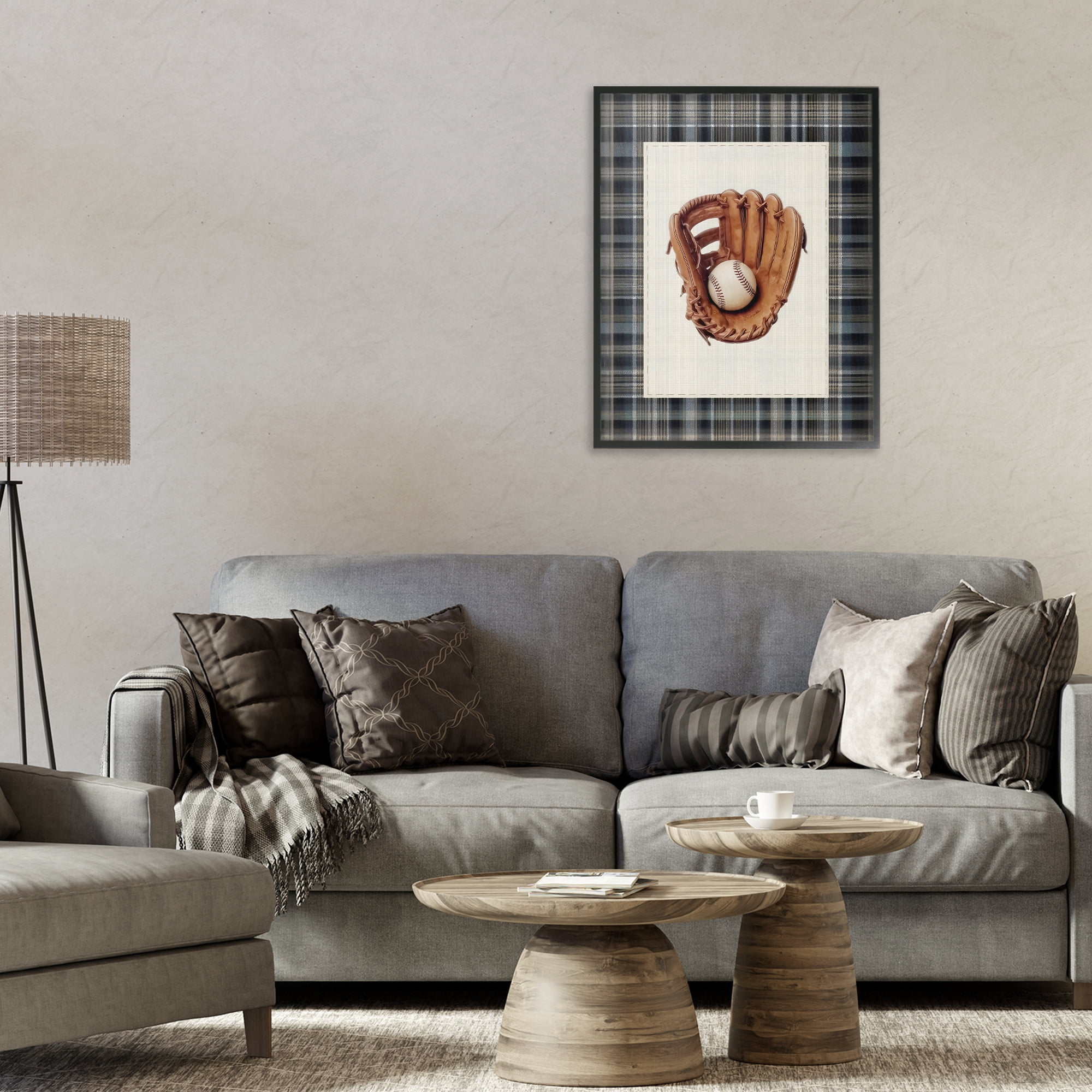 Stupell Industries Baseball Glove with Plaid Black Framed Giclee Art, design by Arlington Prints