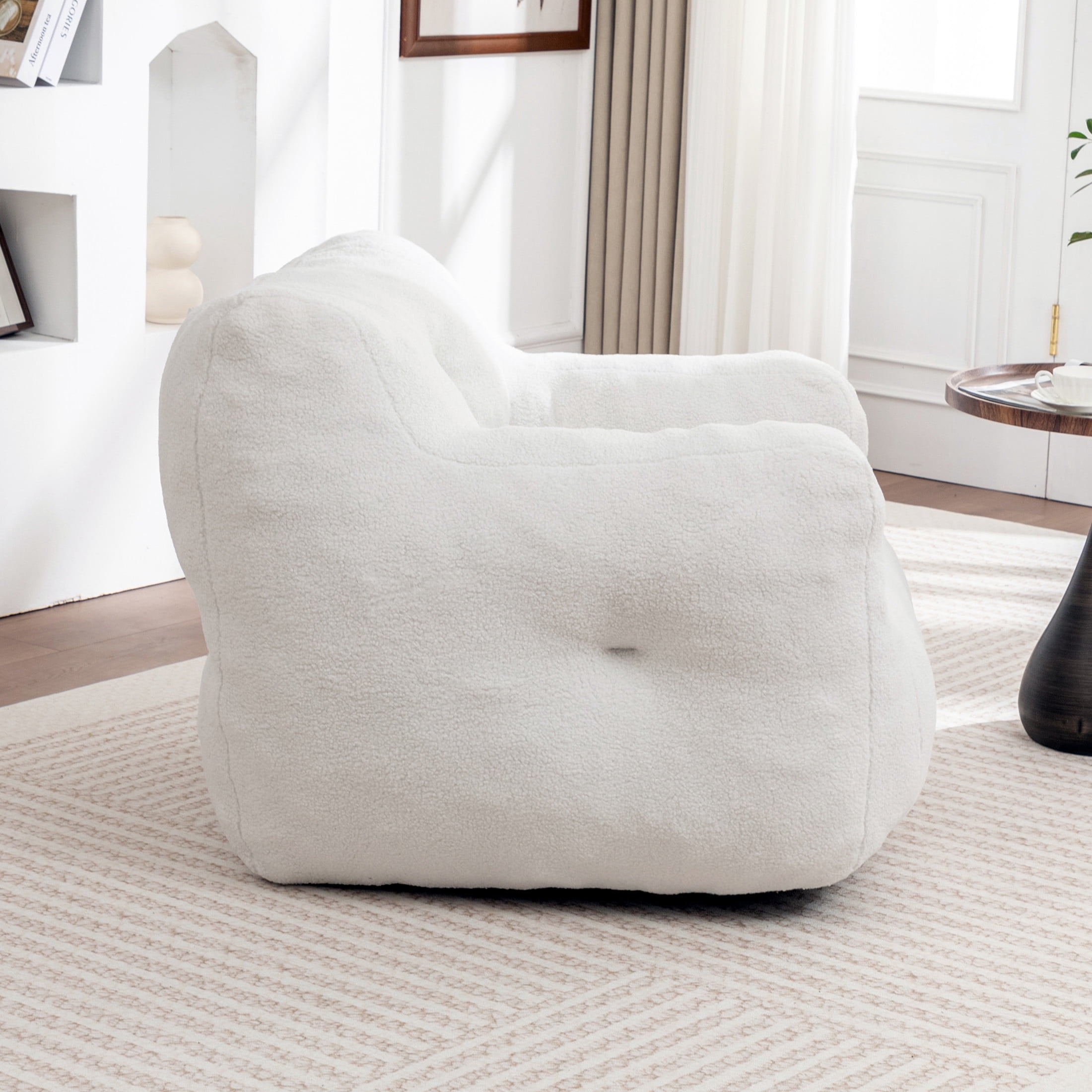 Noble House Nexo Plush Stuffed Memory Foam Bean Bag Sofa, Large Comfy Lounger with Armrest for Living Room, White
