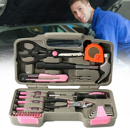 39Pcs Pink Tool Set Household Kit Womens Ladies Carrying Toolbox Repair Box Case Repair Opening Tool