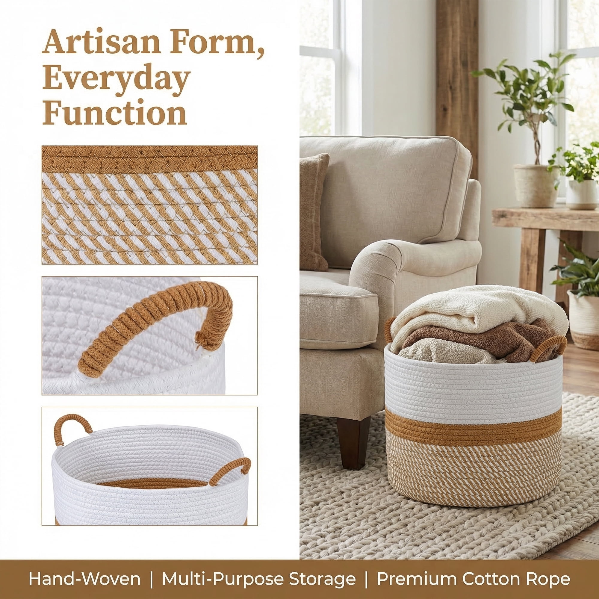 Unique Bargains Multiple Use Woven Storage Bin for Home White Coffee 15.7*15.7*11.8in